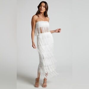 AMALEE TWO PIECE SET - FRINGE STRAPLESS CROP TOP AND MIDI SKIRT SET IN WHITE